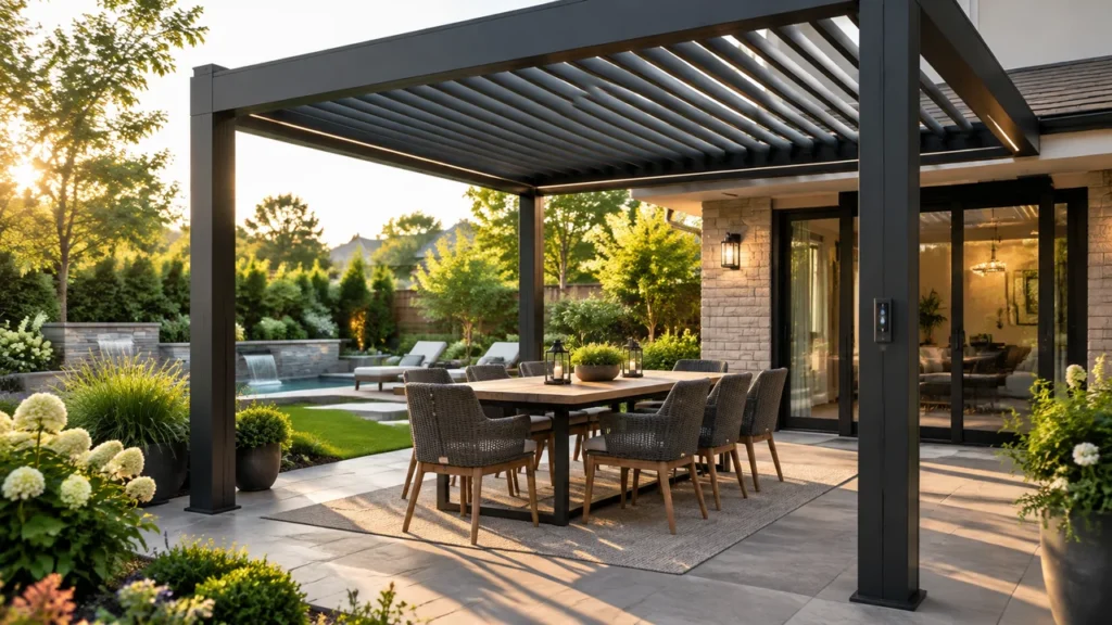 Motorized aluminum louvered pergola over a patio dining area. Concept visualization · Not a customer installation