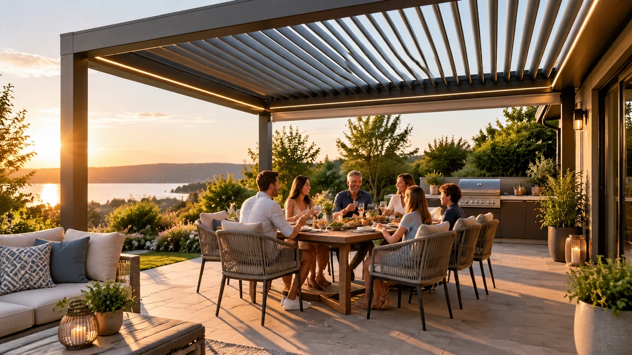 Family dinner under a motorized louvered pergola on a sunny afternoon. Concept visualization · Not a customer installation