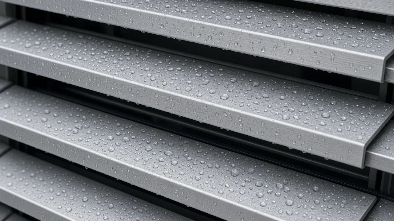 Rain beading on closed aluminum louvers. Concept visualization · Not a customer installation