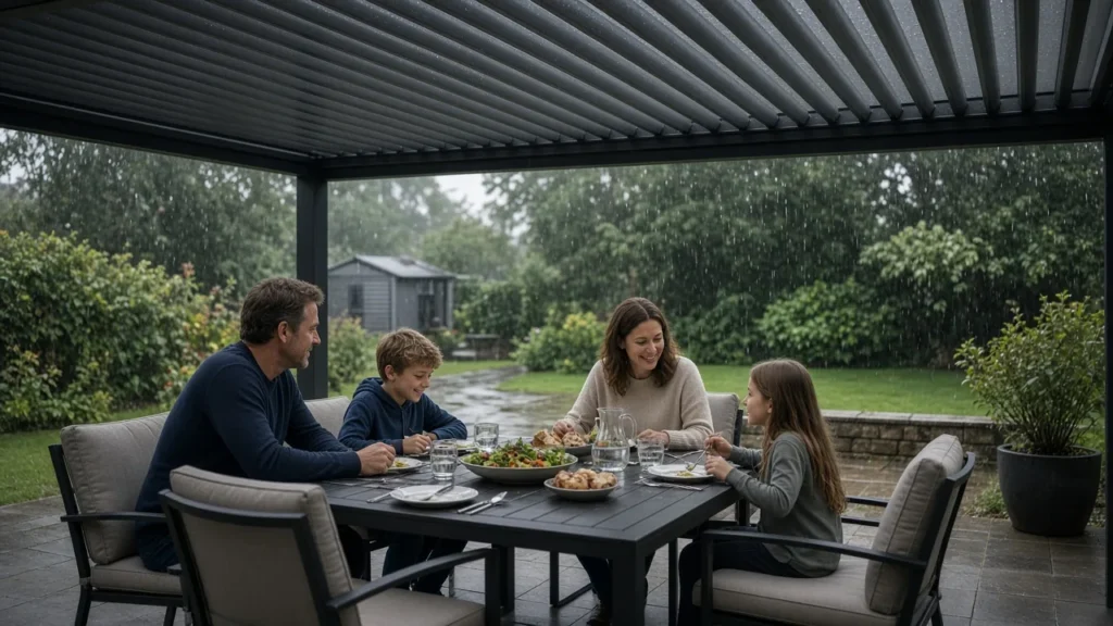 Family dining under a closed aluminum louvered pergola while rain falls on the yard. Concept visualization · Not a customer installation