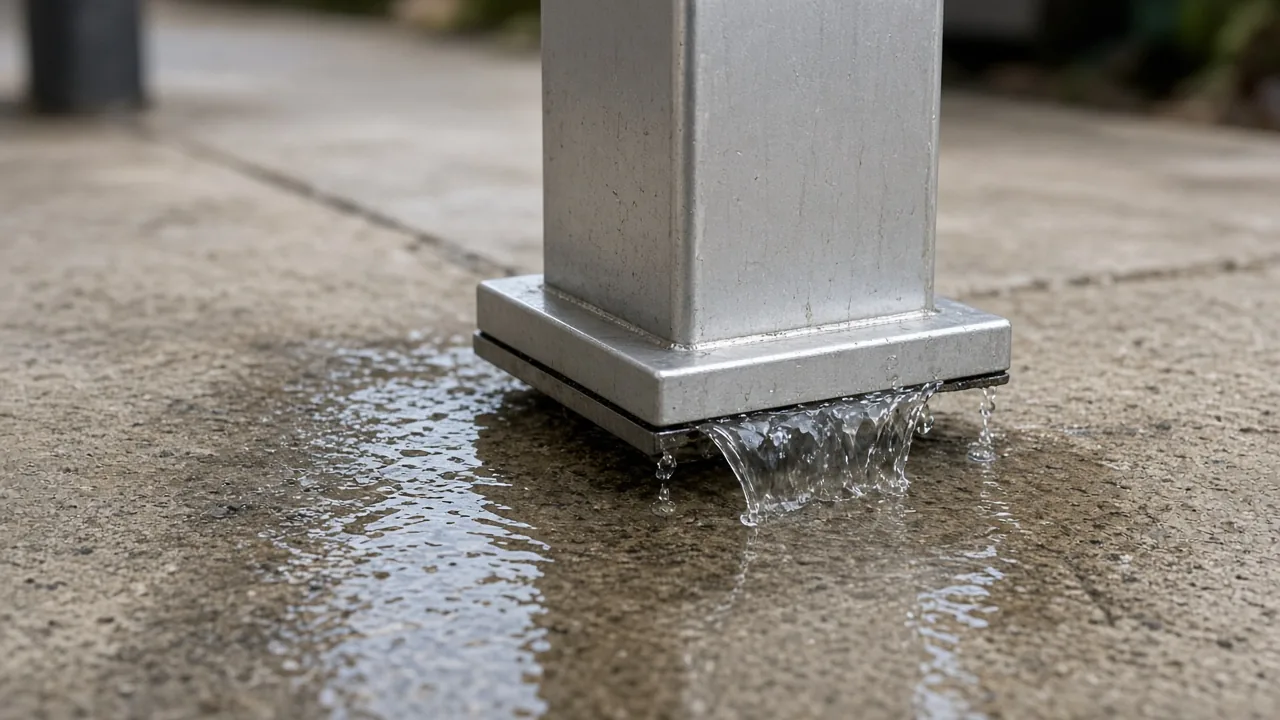Water leaving an aluminum pergola post base onto wet concrete. Concept visualization · Not a customer installation