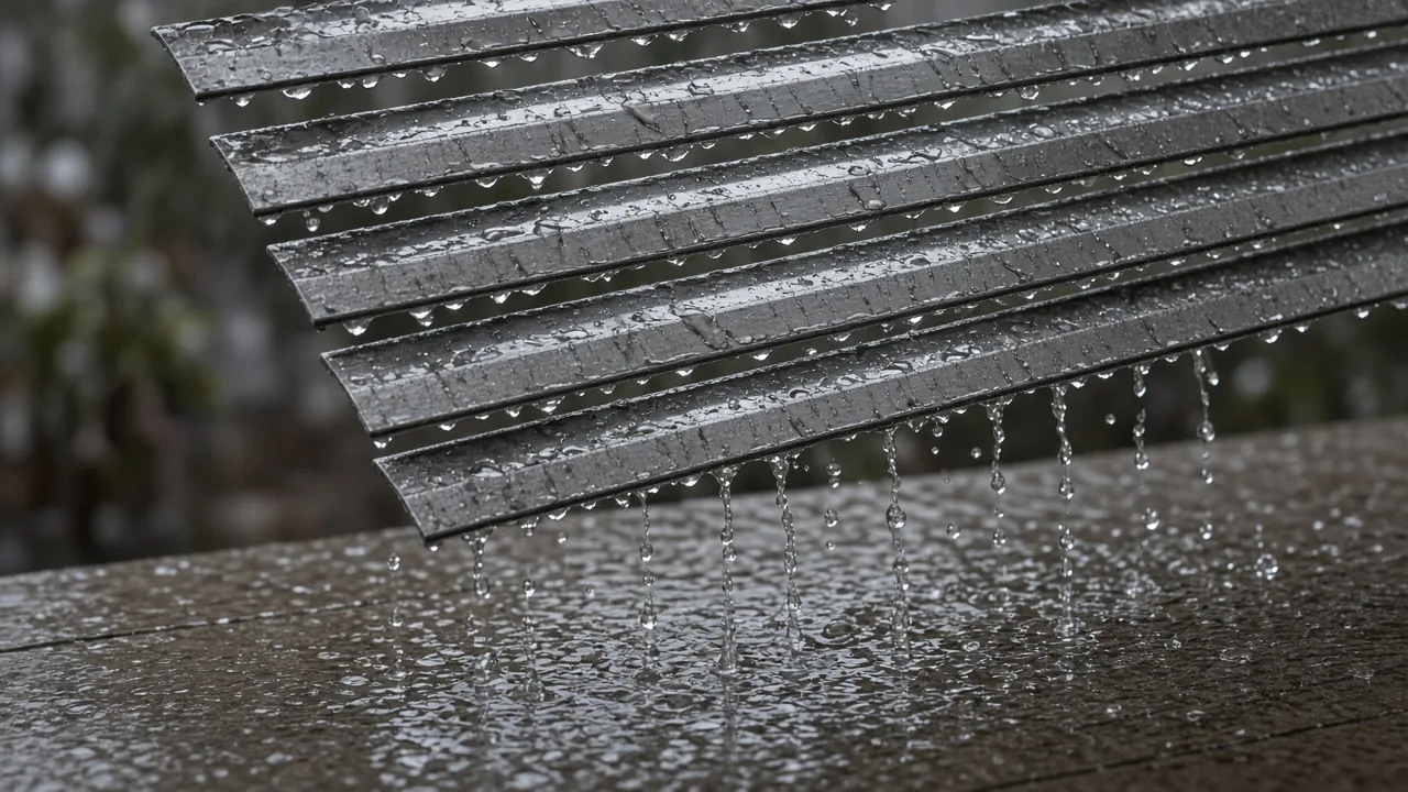 Half-open aluminum louvers letting rain through onto a table. Concept visualization · Not a customer installation