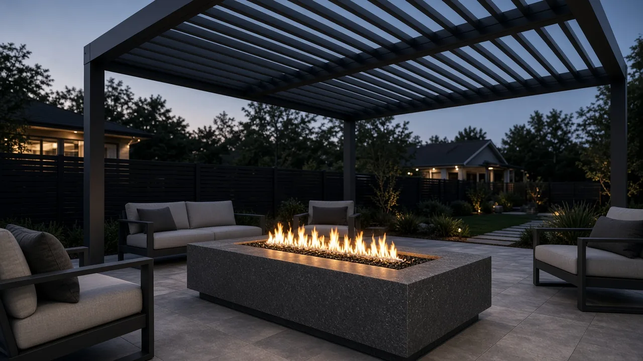 Gas fire table under a louvered pergola with louvers open. Concept visualization · Not a customer installation