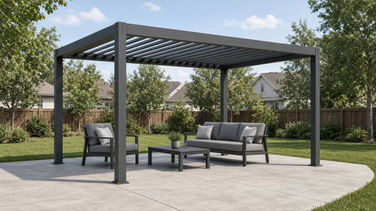 Aluminum louvered pergola over patio furniture. Concept visualization · Not a customer installation