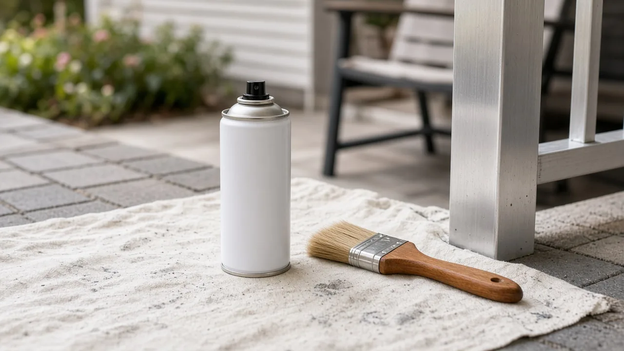 Unlabeled spray can and brush on a drop cloth beside an aluminum post. Concept visualization · Not a customer installation