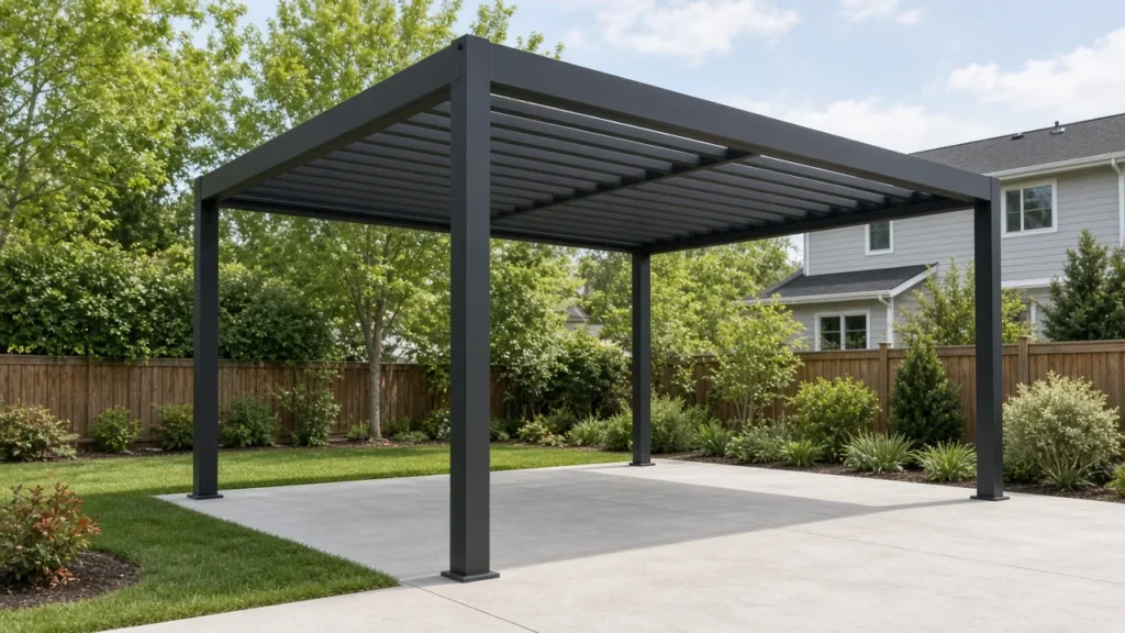 Powder-coated aluminum louvered pergola in a backyard. Concept visualization · Not a customer installation
