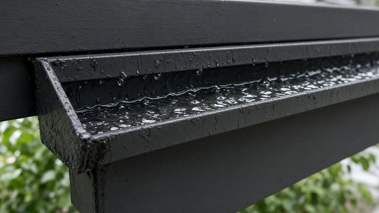 Rainwater sitting in a pergola beam channel. Concept visualization · Not a customer installation