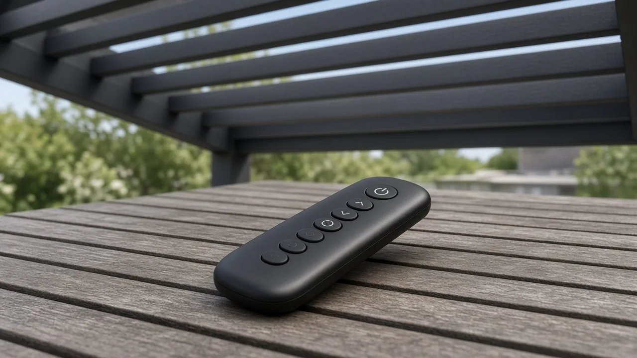 Handheld remote on a table under a louvered pergola. Concept visualization · Not a customer installation