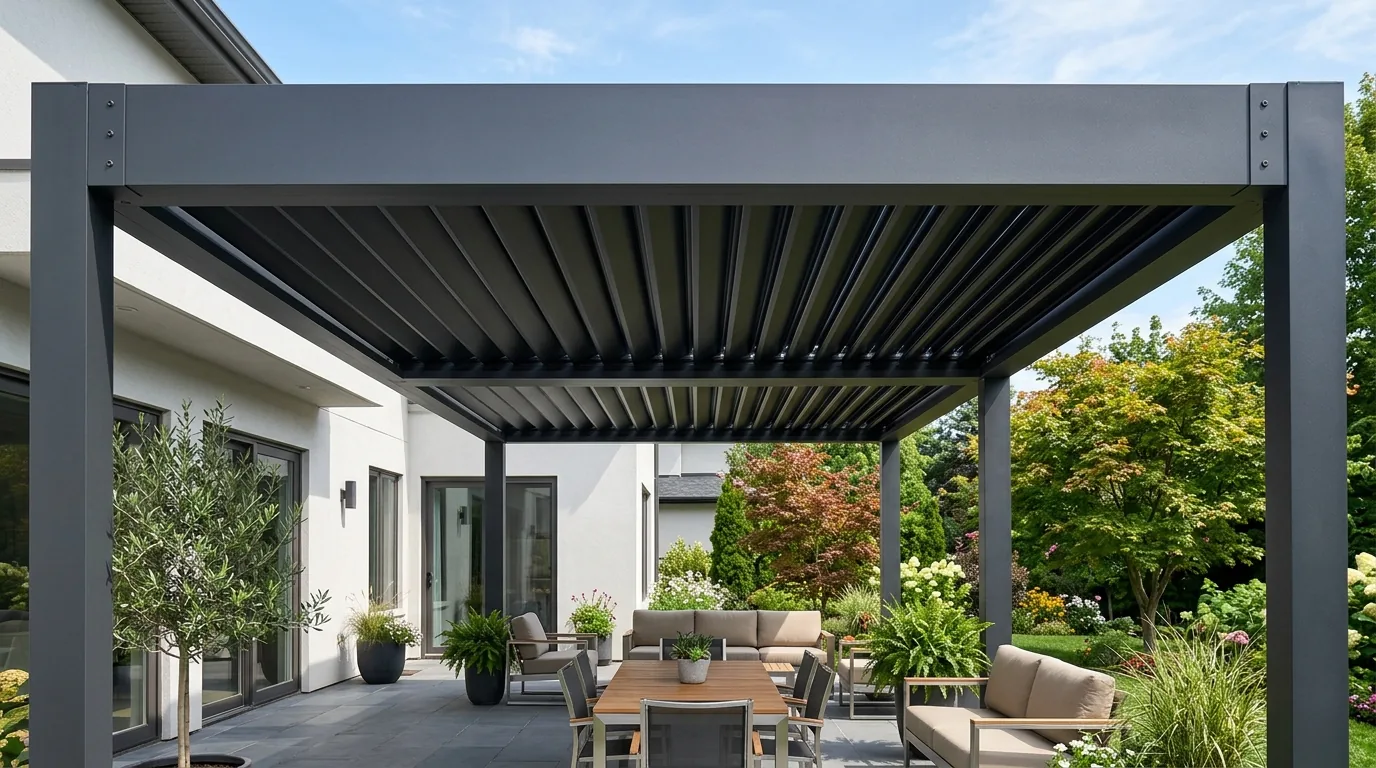 Underside of an aluminum louvered pergola beam over a patio. Concept visualization · Not a customer installation