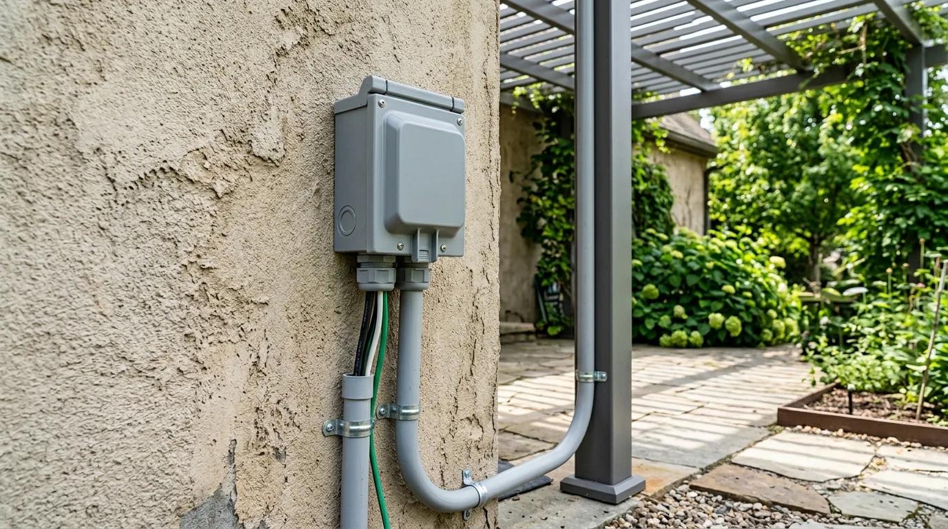 Outdoor electrical box and conduit on a house wall beside a pergola. Concept visualization · Not a customer installation
