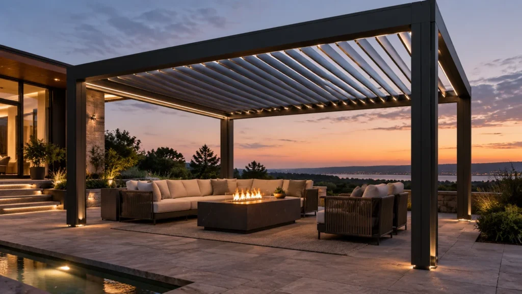 Fire table on a patio under an open louvered pergola. Concept visualization · Not a customer installation