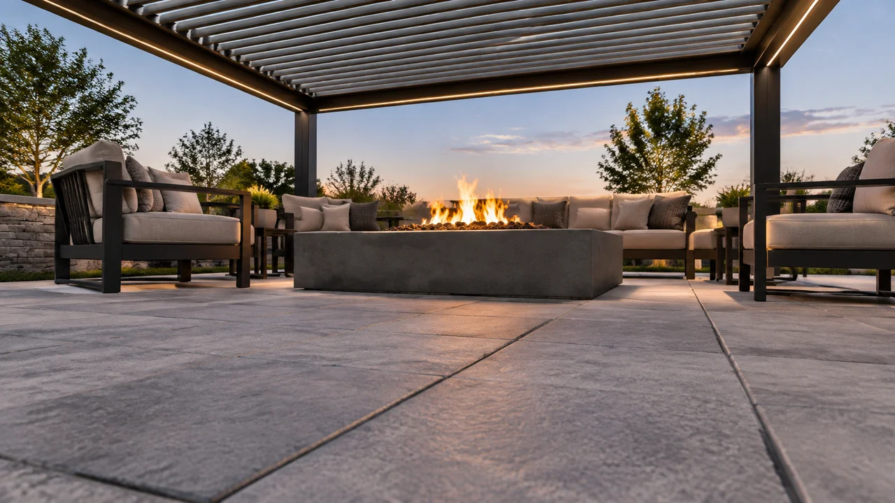 Fire table on stone pavers under a louvered pergola. Concept visualization · Not a customer installation