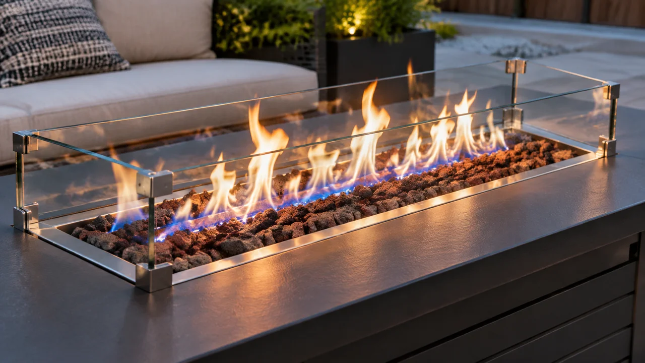 Rectangular gas fire table with a glass wind guard. Concept visualization · Not a customer installation