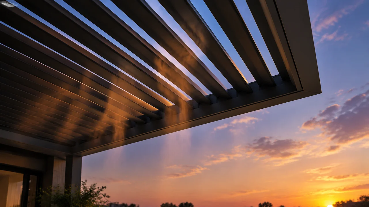 Tilted aluminum louvers open to the evening sky. Concept visualization · Not a customer installation