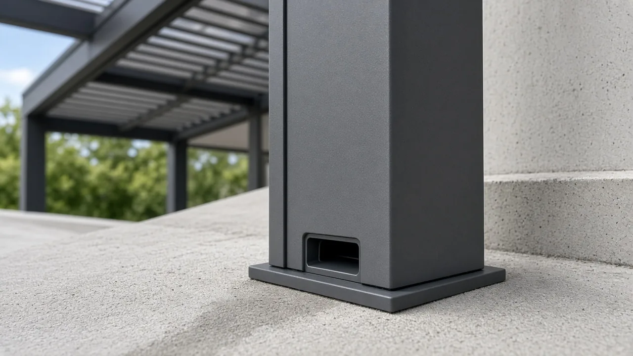 Drain outlet at the base of a pergola post on sloped concrete. Concept visualization · Not a customer installation