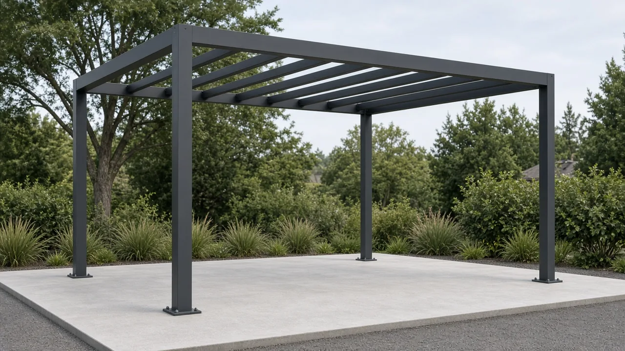 Four aluminum pergola posts on a smooth concrete pad. Concept visualization · Not a customer installation