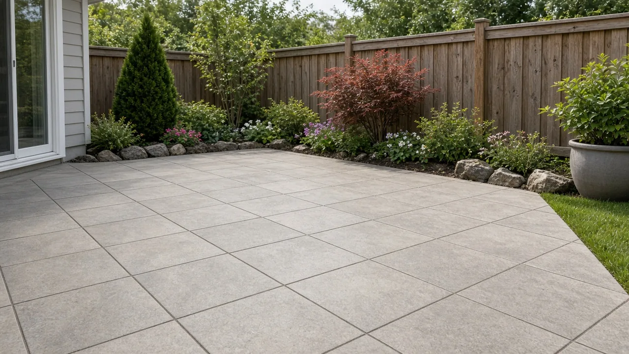 Ceramic tile patio with grout lines over a concrete base. Concept visualization · Not a customer installation