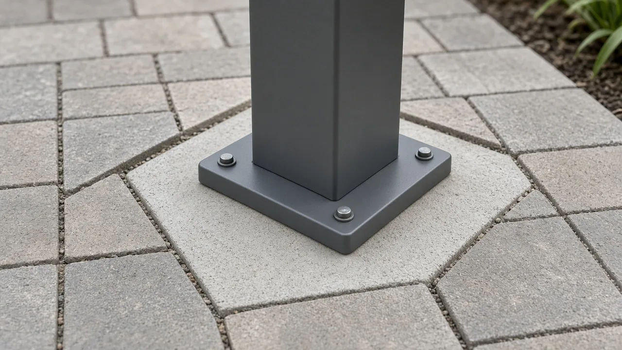 Pergola post base on concrete with pavers cut around it. Concept visualization · Not a customer installation