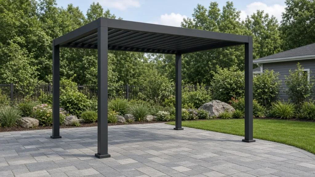Aluminum pergola standing on a paver patio. Concept visualization · Not a customer installation