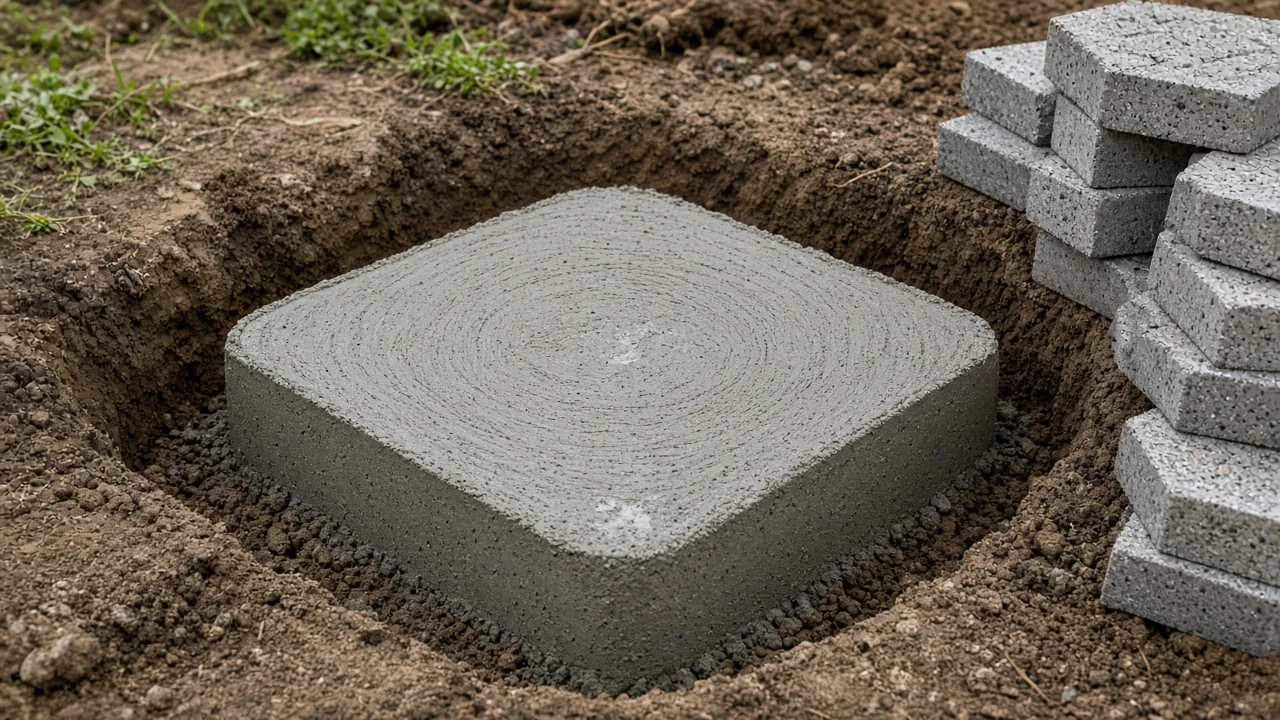 Concrete footing poured in a hole with pavers stacked aside. Concept visualization · Not a customer installation
