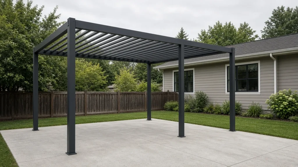 Powder-coated aluminum louvered pergola on its own posts on a concrete patio beside a house. Concept visualization · Not a customer installation