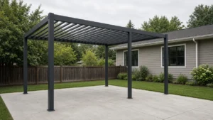 Powder-coated aluminum louvered pergola on its own posts on a concrete patio beside a house. Concept visualization · Not a customer installation