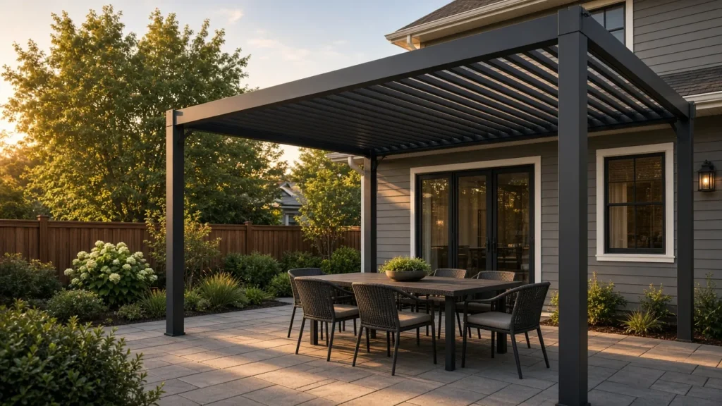 Aluminum louvered pergola over a patio dining set. Concept visualization · Not a customer installation