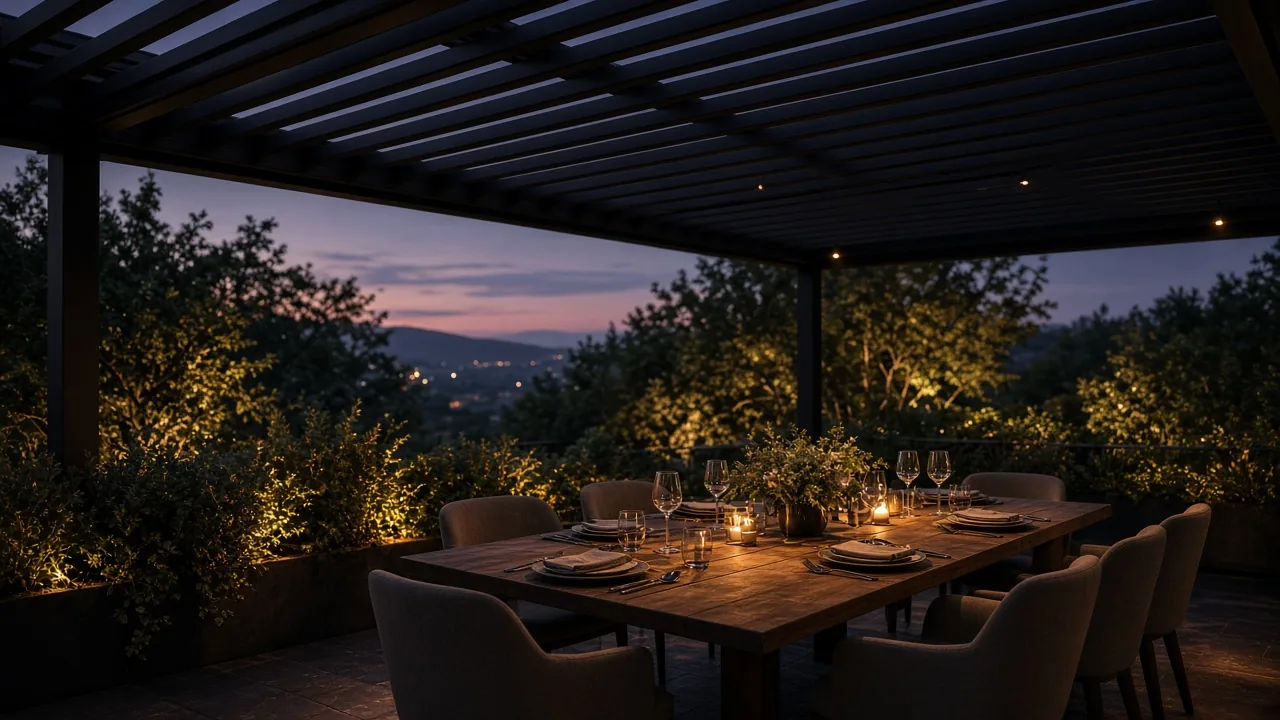 Outdoor dining under a closed louvered roof. Concept visualization · Not a customer installation