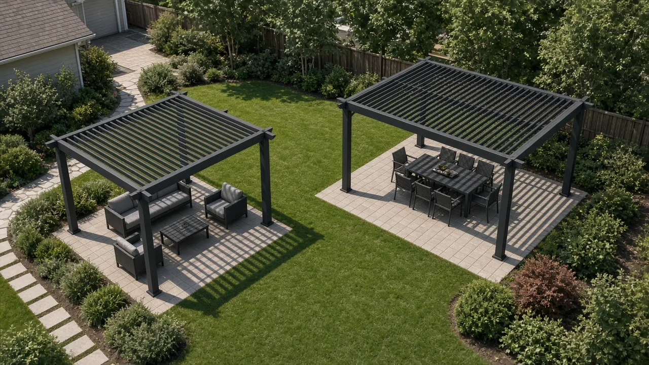 Two louvered pergolas on neighboring backyard patios. Concept visualization · Not a customer installation