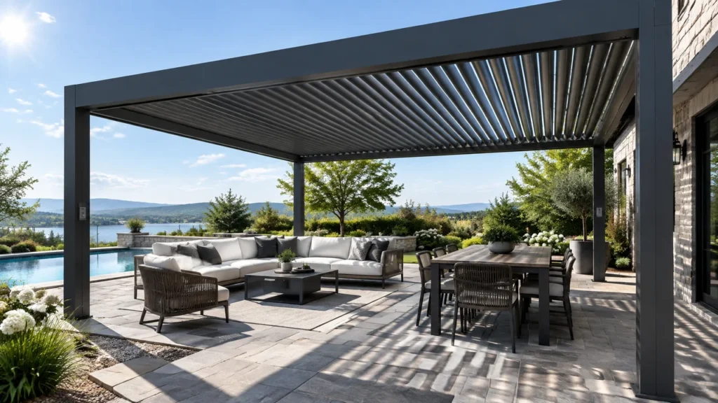 Louvered pergola shading a patio seating area. Concept visualization · Not a customer installation