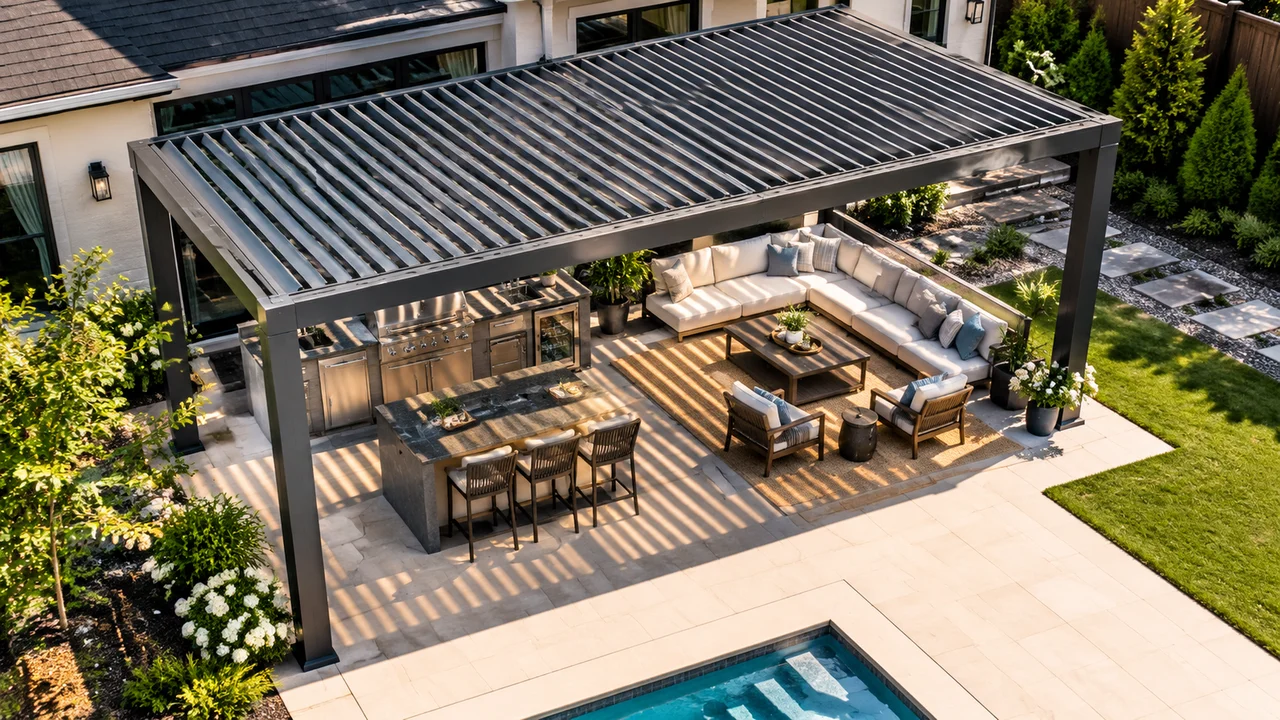 Aerial view of a louvered pergola over an outdoor kitchen and seating near a pool. Concept visualization · Not a customer installation