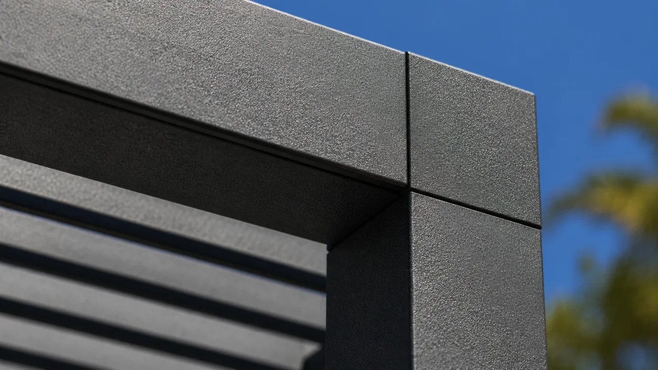 Close-up of a powder-coated aluminum pergola corner. Concept visualization · Not a customer installation