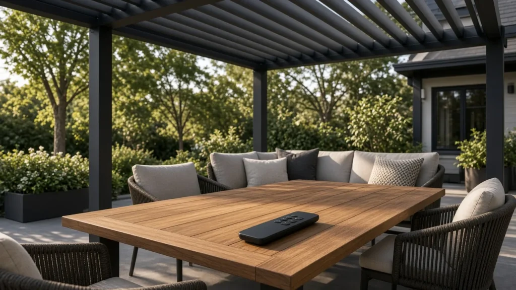 Handheld remote on a wood table under an aluminum louvered pergola. Concept visualization · Not a customer installation