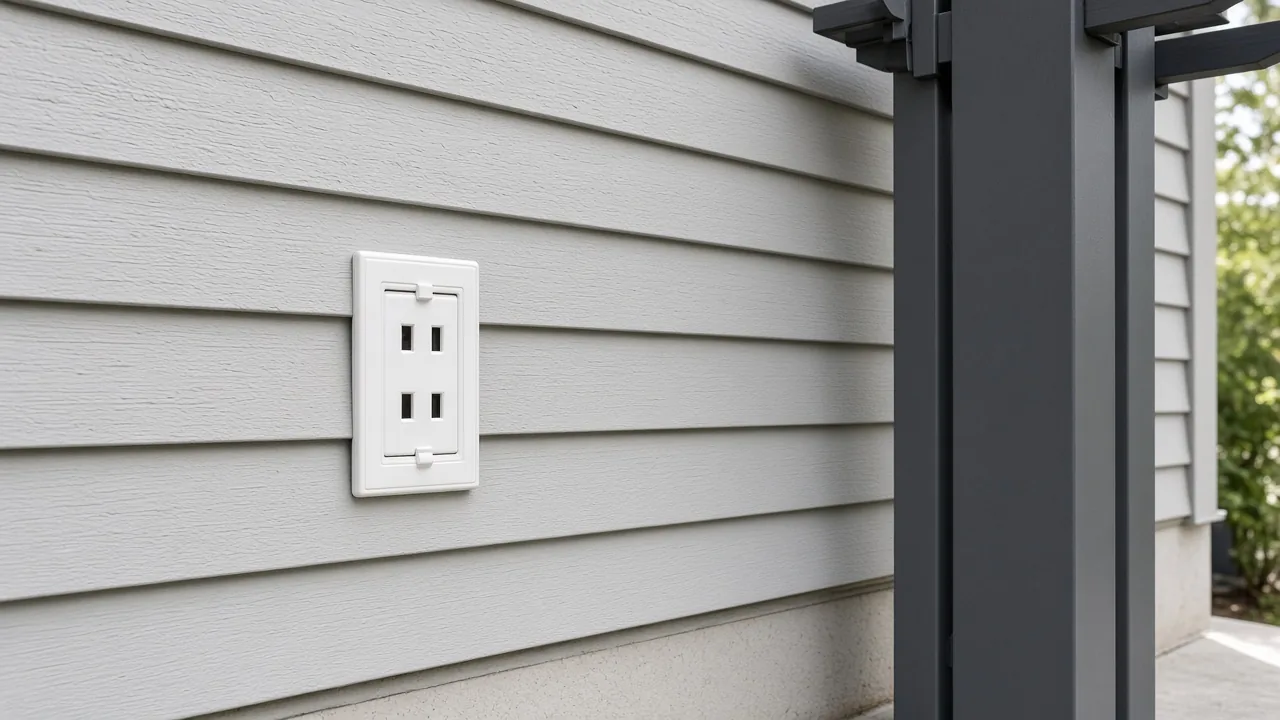 Louvered pergola beside a house wall with an outdoor outlet. Concept visualization · Not a customer installation