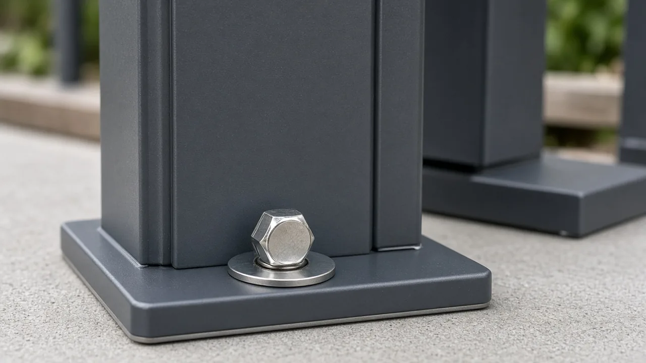 Stainless steel bolt and washer at an aluminum pergola post base. Concept visualization · Not a customer installation