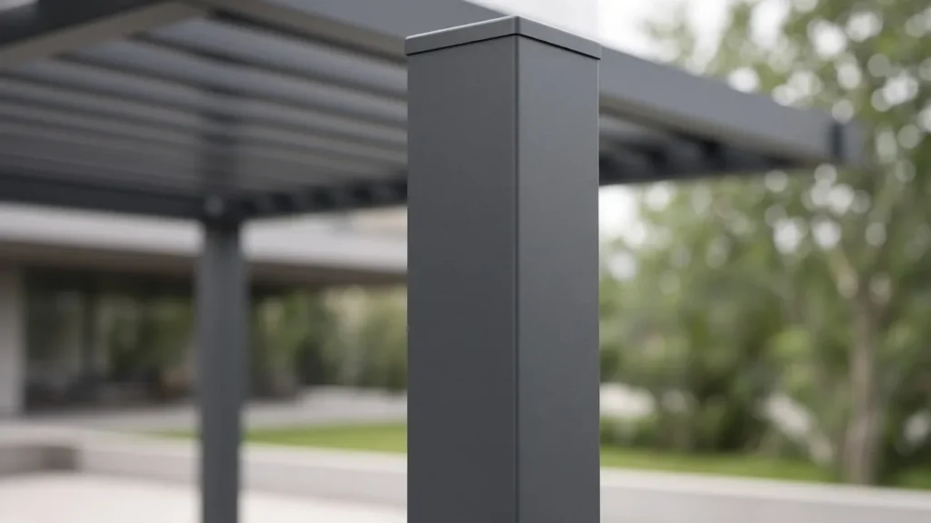 Powder-coated aluminum pergola post and beam. Concept visualization · Not a customer installation
