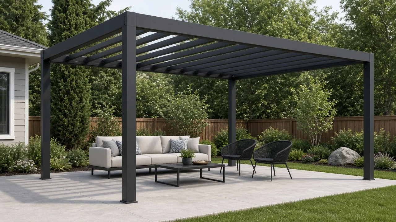 Aluminum louvered pergola over a backyard patio. Concept visualization · Not a customer installation