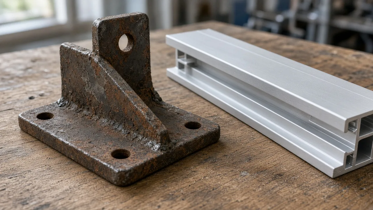 Rusty steel bracket beside an aluminum extrusion. Concept visualization · Not a customer installation