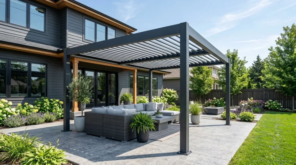 Aluminum louvered pergola on a backyard patio next to a house. Concept visualization · Not a customer installation