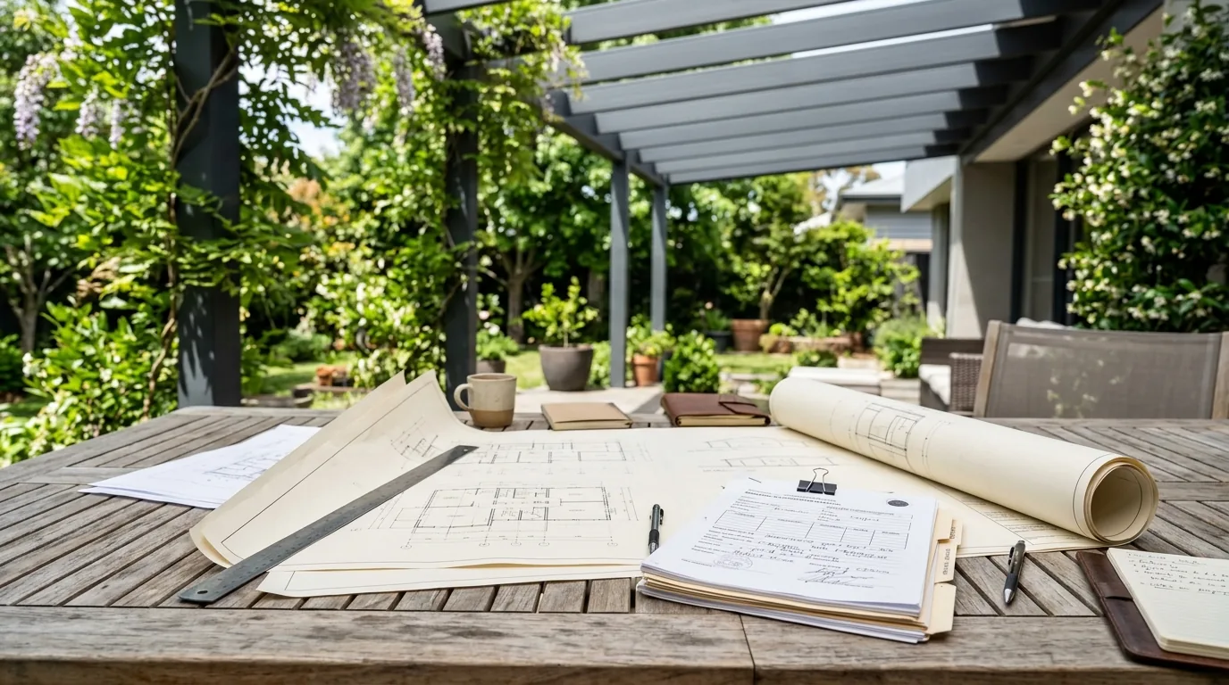 Project plans and permit papers on an outdoor table under a pergola. Concept visualization · Not a customer installation