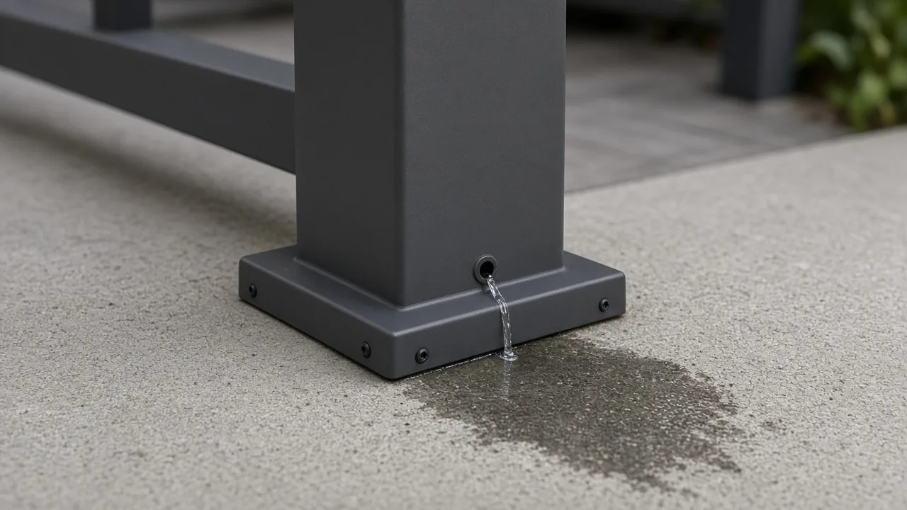 Square aluminum pergola post base outlet on a wet concrete pad. Concept visualization · Not a customer installation