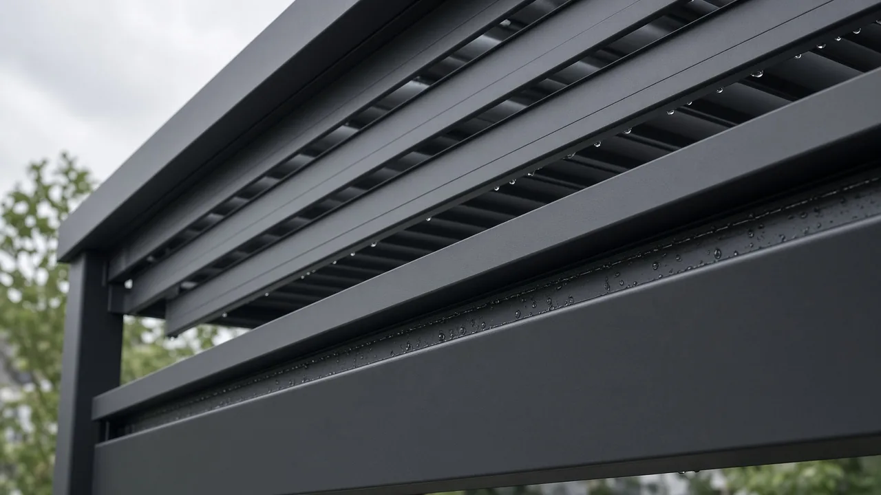 Hidden gutter channel on the underside of an aluminum pergola beam. Concept visualization · Not a customer installation