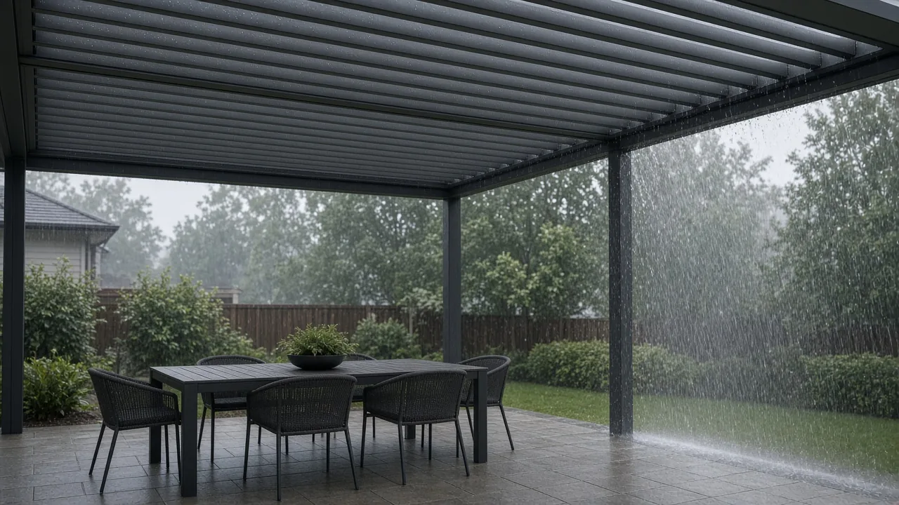 Closed louvered roof over a dining table with one open side and rain spray. Concept visualization · Not a customer installation