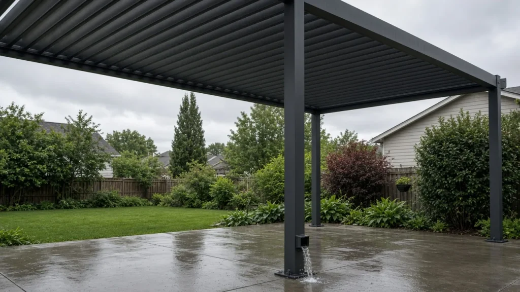 Closed aluminum louvered pergola after rain with water leaving a post base. Concept visualization · Not a customer installation