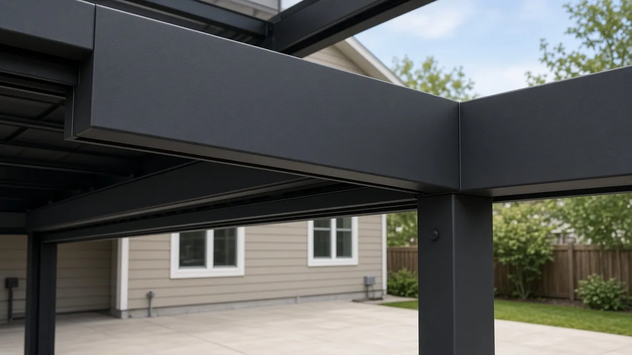 Aluminum pergola beam where the motor is hidden in the frame. Concept visualization · Not a customer installation