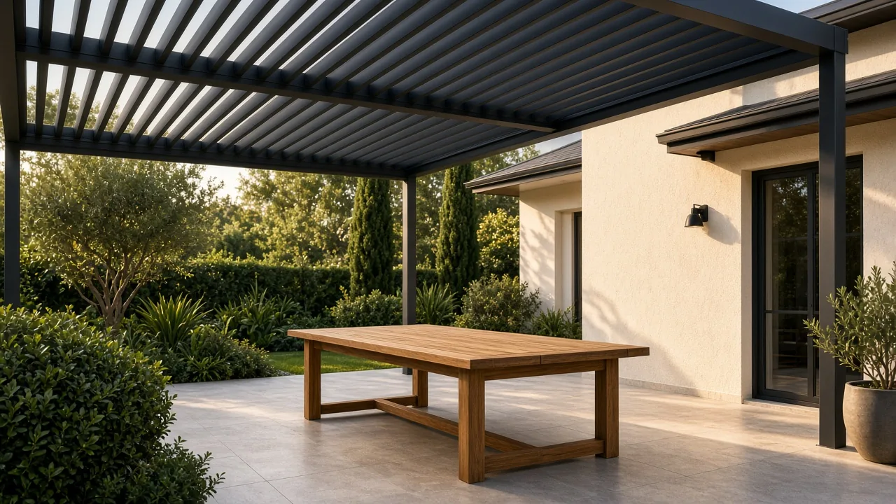 Closed louvered roof over a wood table. Concept visualization · Not a customer installation