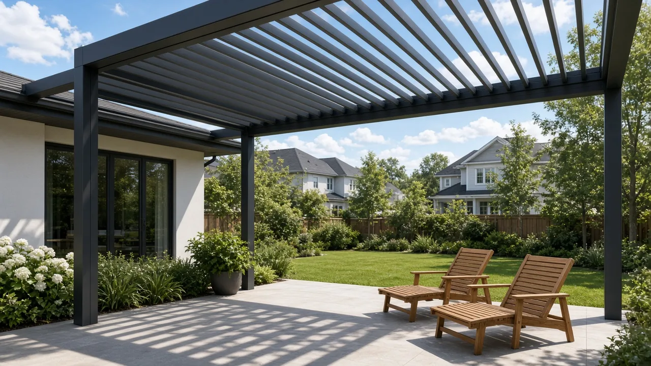 Open louvers over an empty patio. Concept visualization · Not a customer installation