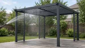 Garden hose rinsing an aluminum louvered pergola. Concept visualization · Not a customer installation