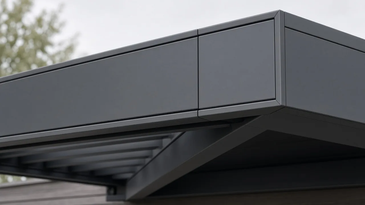 Closed aluminum louvers running into a beam where the motor is hidden in the frame. Concept visualization · Not a customer installation