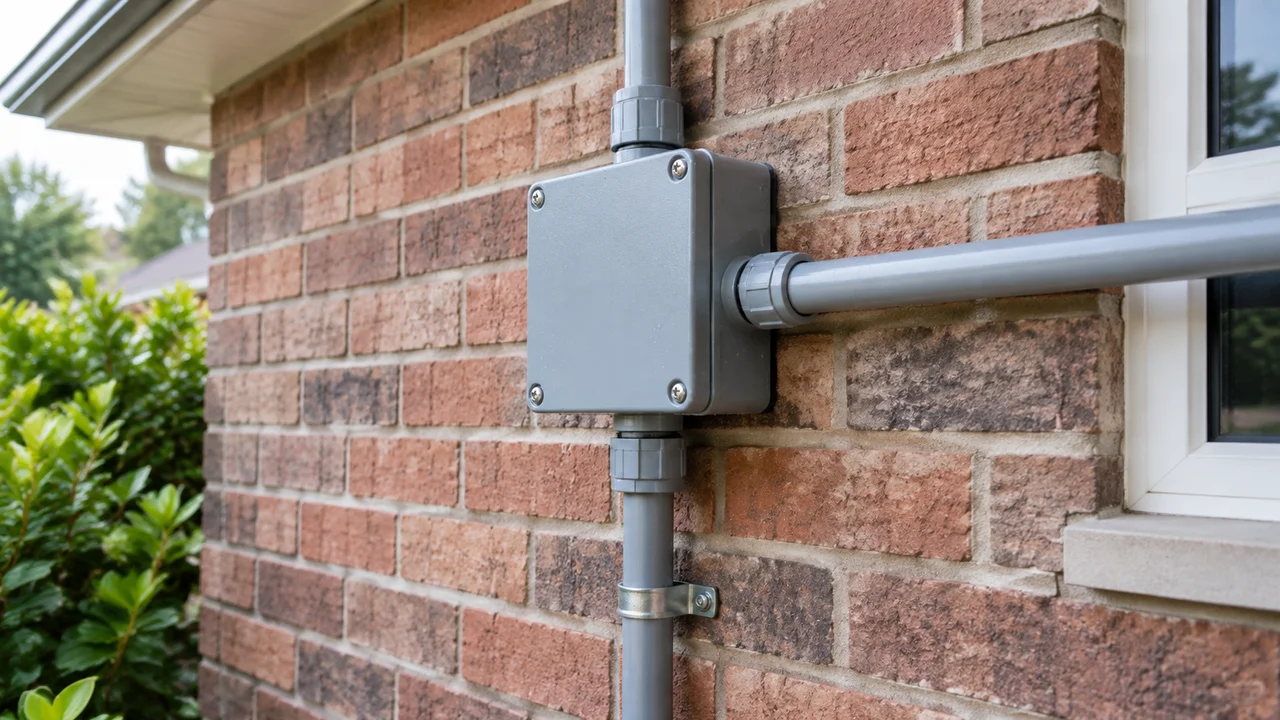 Exterior junction box and conduit on a brick house wall. Concept visualization · Not a customer installation